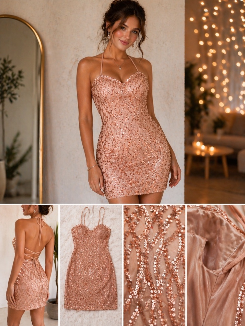 Rose Gold Sequin Bodycon Mini Dress L NWT Bachelorette Vegas Party